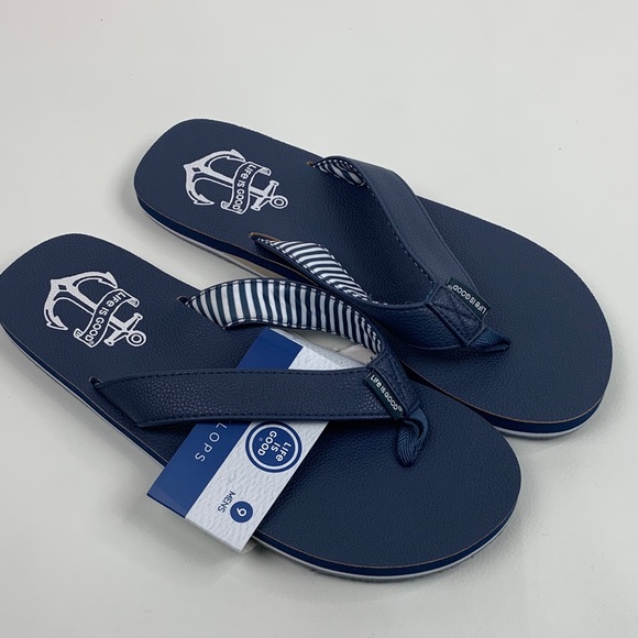 Life Is Good Navy Blue Men's Flip Flops sandals  Size 9 Anchor Nautical  NEW NWT - Picture 1 of 11